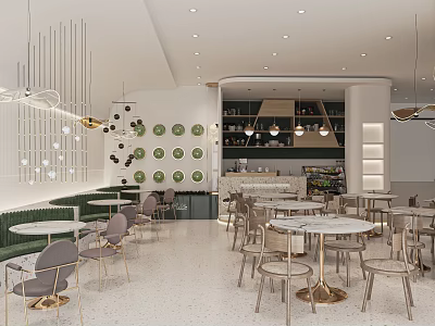 Modern Bubble Tea Shop Interior With Round Tables Chairs And Hanging Lights 3d model