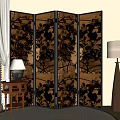 Four Panel Wooden Screen Featuring Black Floral Vine Patterns With Table Lamp And Side Table 3d model