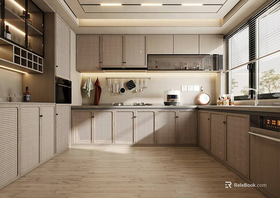 Modern Kitchen Interior With Light Wood Cabinets Open Design Large Windows And Under Cabinet Lighting 3d model 