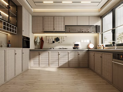 Modern Kitchen Interior With Light Wood Cabinets Open Design Large Windows And Under Cabinet Lighting 3d model
