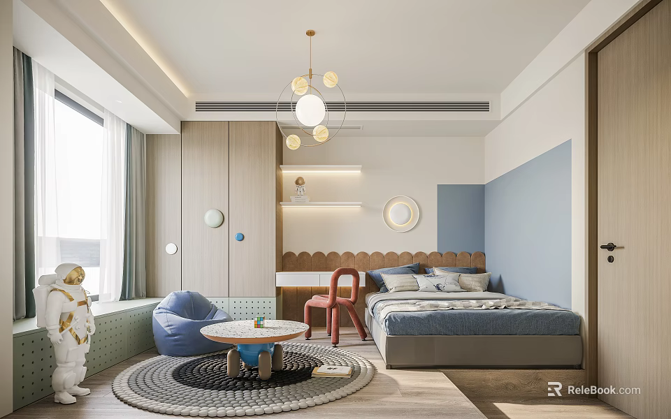 Modern Kids Bedroom Interior With Bed Round Rug And Playful Elements 3d model 