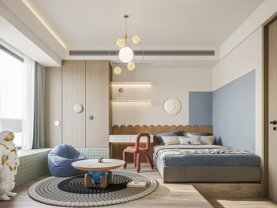 Modern Kids Bedroom Interior With Bed Round Rug And Playful Elements 3d model