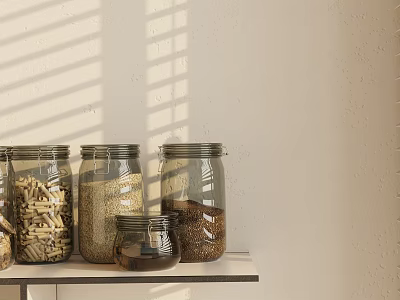 Ceramic Storage Jars With Grains Pasta Oats And Beans On Shelf In Sunlight Shadows 3d model