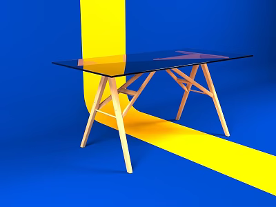 Modern Dining Table With Glass Top And Wooden Legs In Blue Yellow Modern Setting 3d model