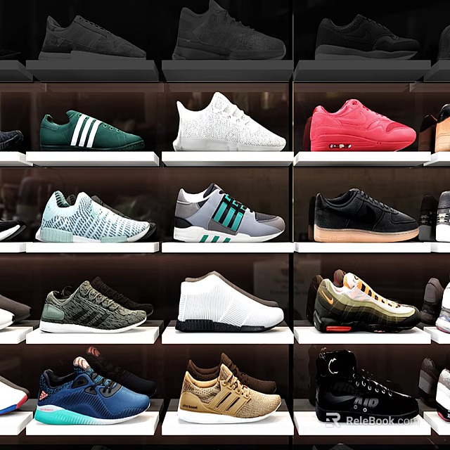 Stylish Casual Shoes Display With Various Colors And Trendy Designs On Shelves 3d model 