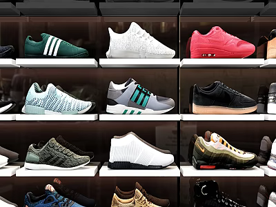 Stylish Casual Shoes Display With Various Colors And Trendy Designs On Shelves 3d model