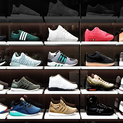 Stylish Casual Shoes Display With Various Colors And Trendy Designs On Shelves 3d model