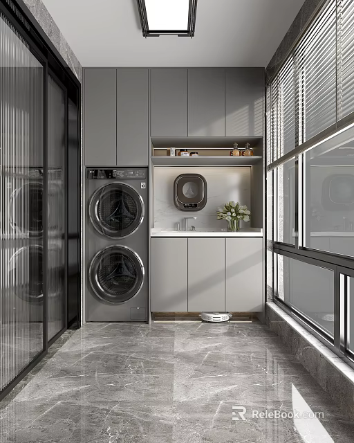 Modern Home Balcony With Stacked Washing Machine Dryer Grey Cabinets Blinds And Marble Floor 3d model 