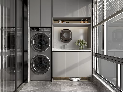Modern Home Balcony With Stacked Washing Machine Dryer Grey Cabinets Blinds And Marble Floor 3d model