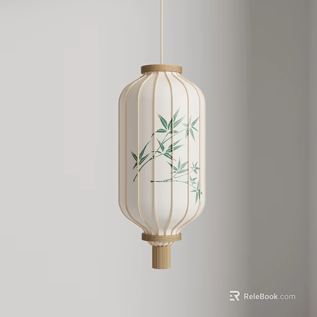 Traditional Hanging Lantern With Wooden Frame And Bamboo Leaf Pattern 3d model 