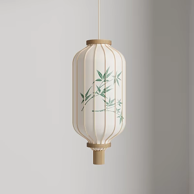 Traditional Hanging Lantern With Wooden Frame And Bamboo Leaf Pattern 3d model