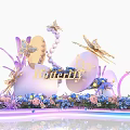 Exquisite Floral Installation with Butterflies Purple Blue Flowers Decorative Beads And Neon Lighting Accents