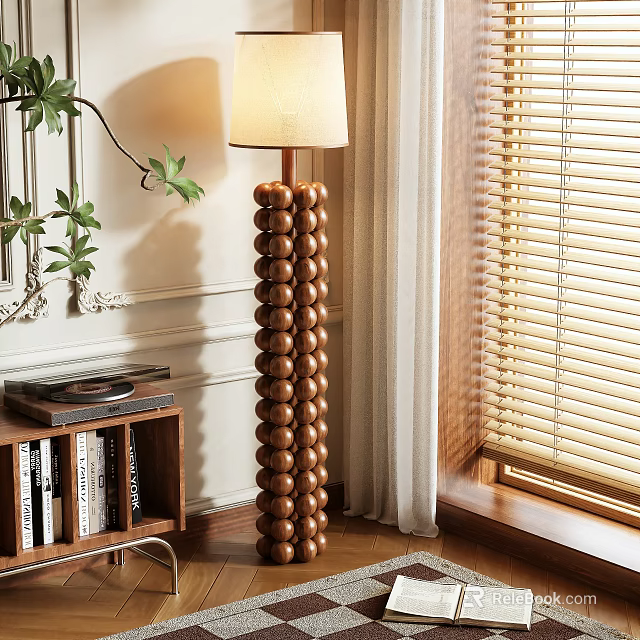 Stylish Floor Lamp with Wooden Ball Column in Living Room Near Bookshelf Window Blinds Plant 3d model 