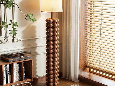 Stylish Floor Lamp with Wooden Ball Column in Living Room Near Bookshelf Window Blinds Plant 3d model