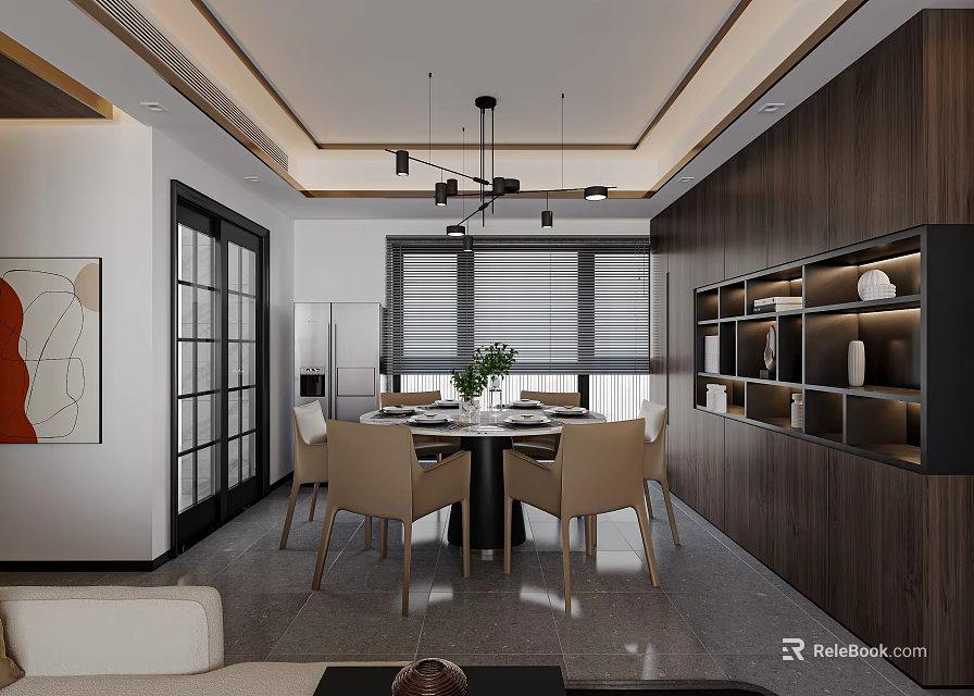 Modern Open Dining Living Room Interior With Dining Table Chairs Chandelier And Display Shelves 3d model 
