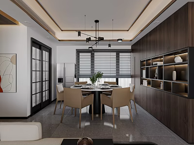 Modern Open Dining Living Room Interior With Dining Table Chairs Chandelier And Display Shelves 3d model