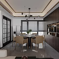Modern Open Dining Living Room Interior With Dining Table Chairs Chandelier And Display Shelves