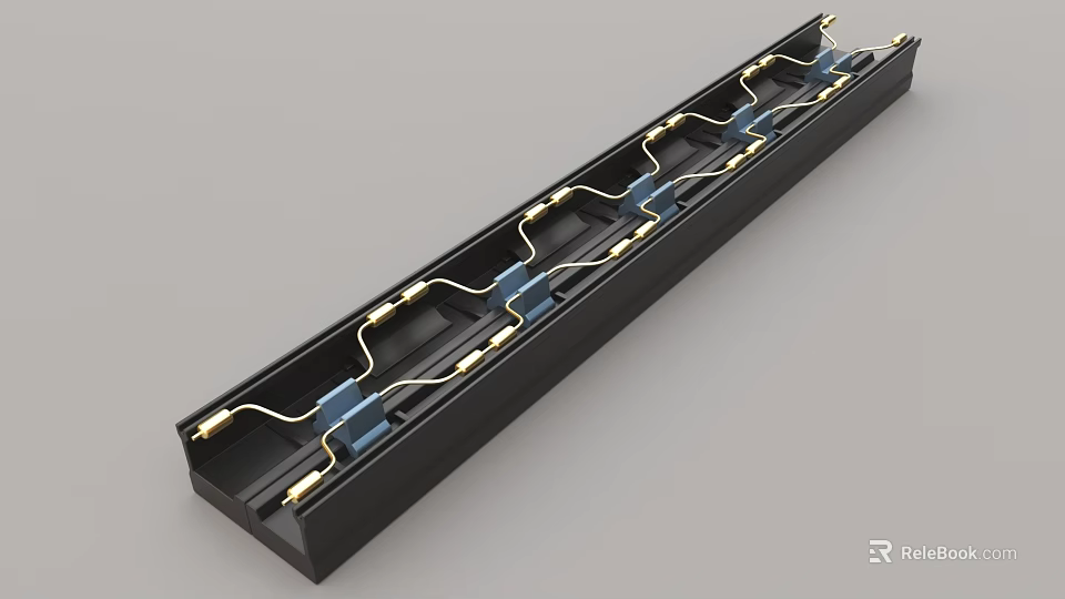 Industrial Equipment With Black Elongated Structure And Blue Gold Components Inside 3d model 