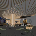 Modern Open Café Interior With Wooden Ceiling Large Windows And Marble Floor