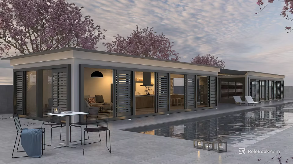 Modern Detached Villa With Swimming Pool Cherry Blossom Trees And Outdoor Dining Area 3d model 