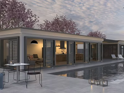 Modern Detached Villa With Swimming Pool Cherry Blossom Trees And Outdoor Dining Area 3d model