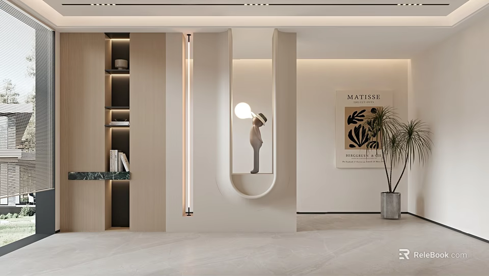 Modern Foyer Hallway With Large Mirror Wall Lights Wooden Shelf Potted Plant Light Floor 3d model 