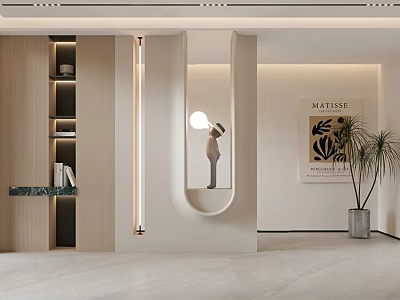 Modern Foyer Hallway With Large Mirror Wall Lights Wooden Shelf Potted Plant Light Floor 3d model