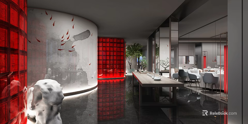 Modern Restaurant Interior With Circular Wall Red Partition Marble Floor And Sculpture 3d model 