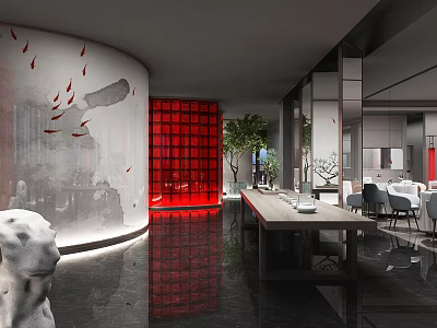 Modern Restaurant Interior With Circular Wall Red Partition Marble Floor And Sculpture 3d model