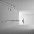 Elevator Corridor With Concrete Walls Handrails Strip Lights Graffiti Art And Person Walking