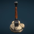 Traditional Weapon Featuring Wooden Handle Ring Red Tassel And Pattern Metal Head On Stones