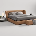 Modern Brown Double Bed Interior With Gray Bedding Nightstand Lamp And Ottoman 3d model