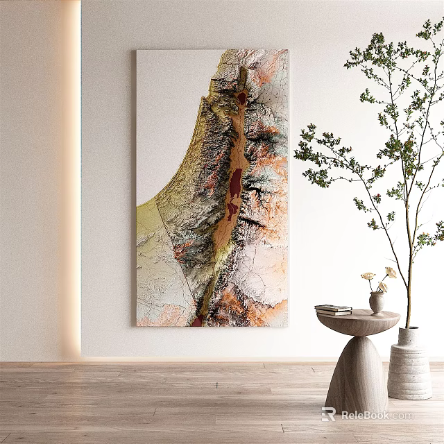 Modern Abstract Wall Art in Minimalist Interior with Potted Tree and Side Table 3d model