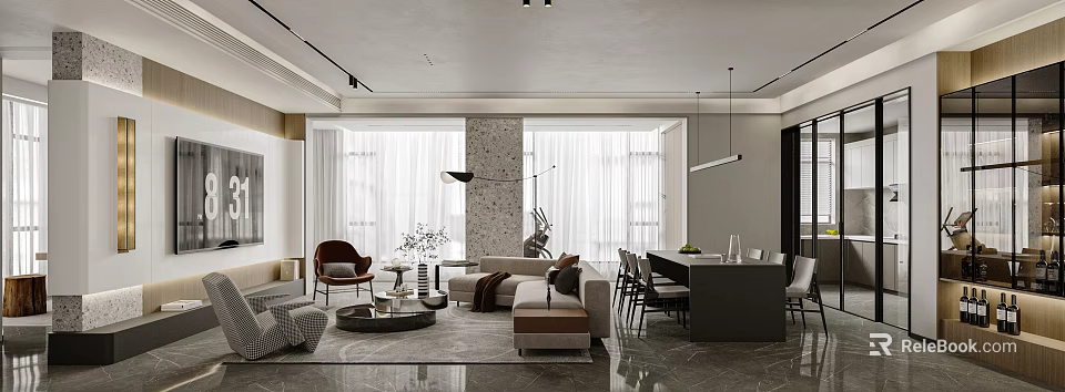 Modern Living Dining Room With Sofa Dining Table And Large Windows 3d model