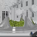 Modern Outdoor Landscape Seating With Curved Streamlined Design Green Plants And White Building