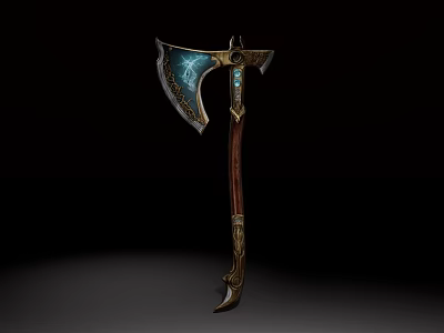 Enchanted Axe With Glowing Blue Blade Intricate Wooden Handle And Gold Accents 3d model