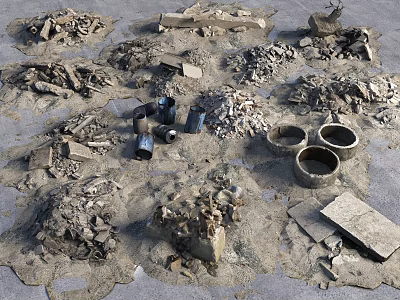 Scattered Stones And Wood As Construction Debris On Ground With Metal Pipes And Broken Pottery 3d model