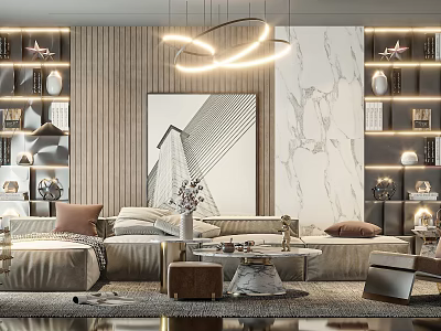 Modern Living Room Sofa And Coffee Table Set With Circular Chandelier And Marble Wall Artwork 3d model