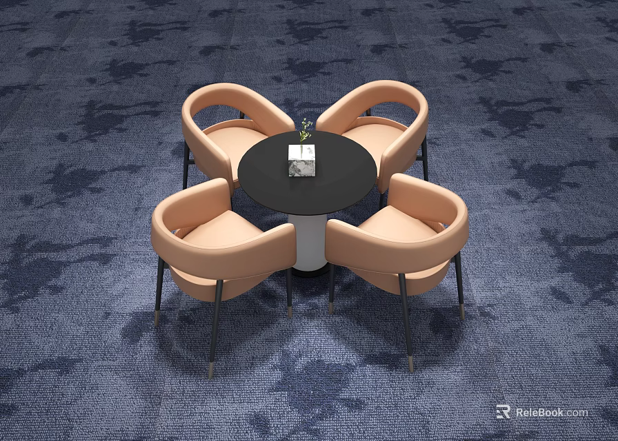 Modern Round Table With Four Pink Chairs And Black Metal Legs On Blue Carpet 3d model 