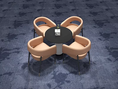 Modern Round Table With Four Pink Chairs And Black Metal Legs On Blue Carpet 3d model