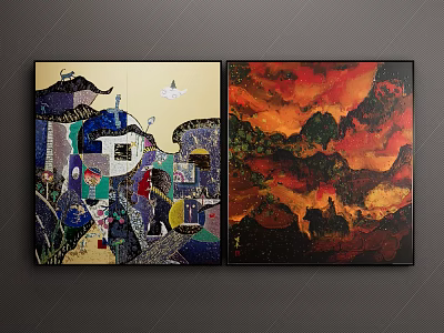 Two Piece Colorful Abstract And Red Orange Mountain Landscape Canvas Wall Art 3d model