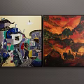 Two Piece Colorful Abstract And Red Orange Mountain Landscape Canvas Wall Art