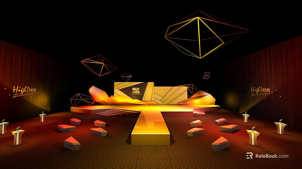 Modern Stage Design With Golden Orange Geometric Decorations Lighting Effects And Dark Background 3d model 