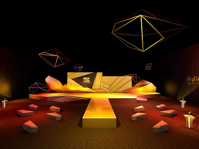 Modern Stage Design With Golden Orange Geometric Decorations Lighting Effects And Dark Background 3d model