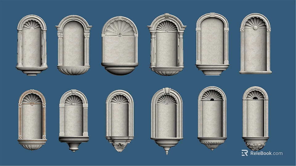Ornate Stone Niches With Various Designs Arranged On Blue Background 3d model