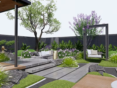 Serene Garden Design With Lawn Trees Purple Flowers Stone Steps Wooden Deck And Sofa Seats 3d model