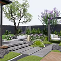 Serene Garden Design With Lawn Trees Purple Flowers Stone Steps Wooden Deck And Sofa Seats