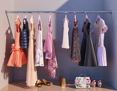 Various Colorful Clothes Hanging on Rod with Dresses Tops Shoes and Handbag 3d model