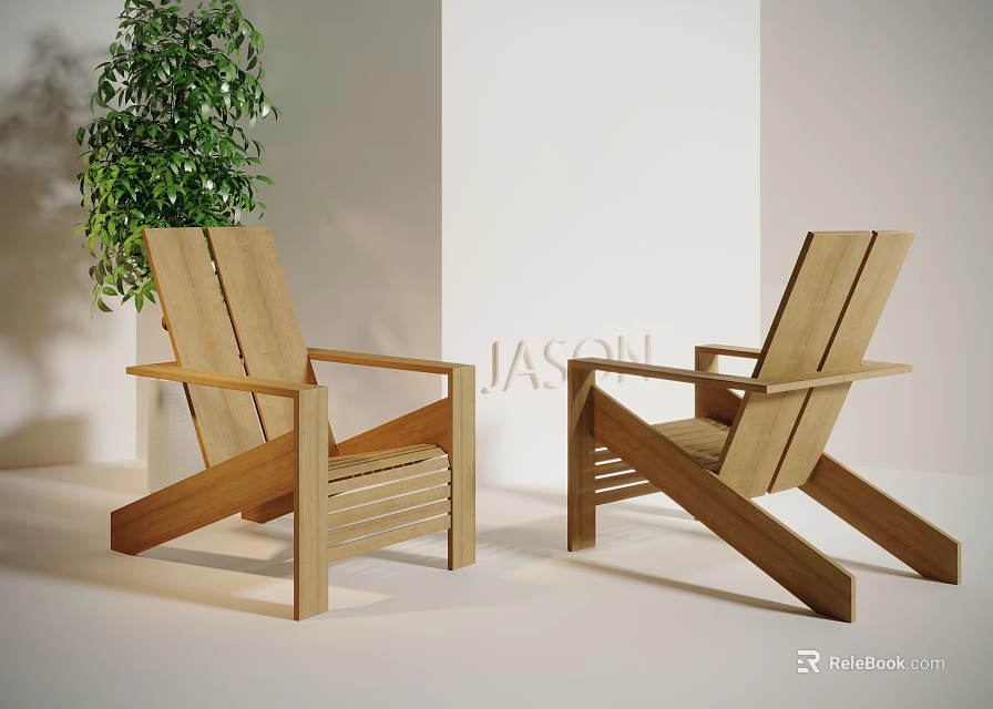 Modern Wooden Lounge Chairs in Minimalist Setting With Green Plant and White Background 3d model 