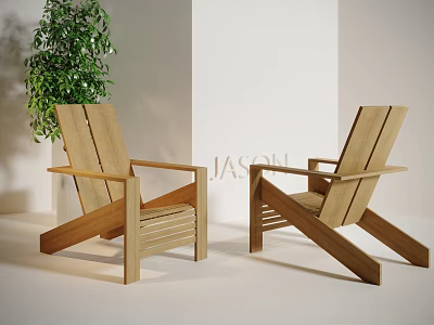 Modern Wooden Lounge Chairs in Minimalist Setting With Green Plant and White Background 3d model